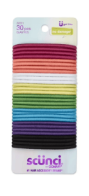 Scunci for Girls No Damage Elastic Ponytail Holder Hair Ties, Assorted Rainbow Colors, 30 Ct